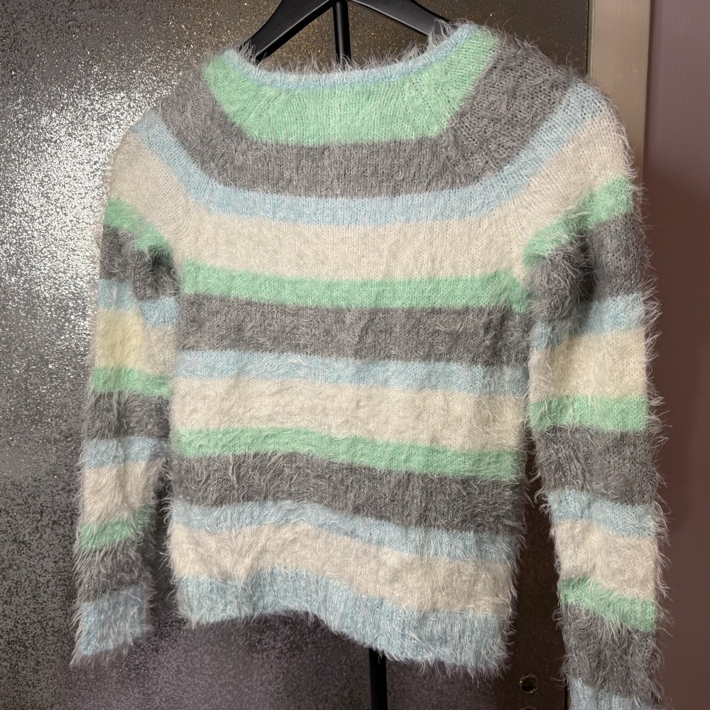 Justice Girls Size 10 NWT Shag Fuzzy Sweater Striped Green Blue Gray Pullover - Picture 7 of 7